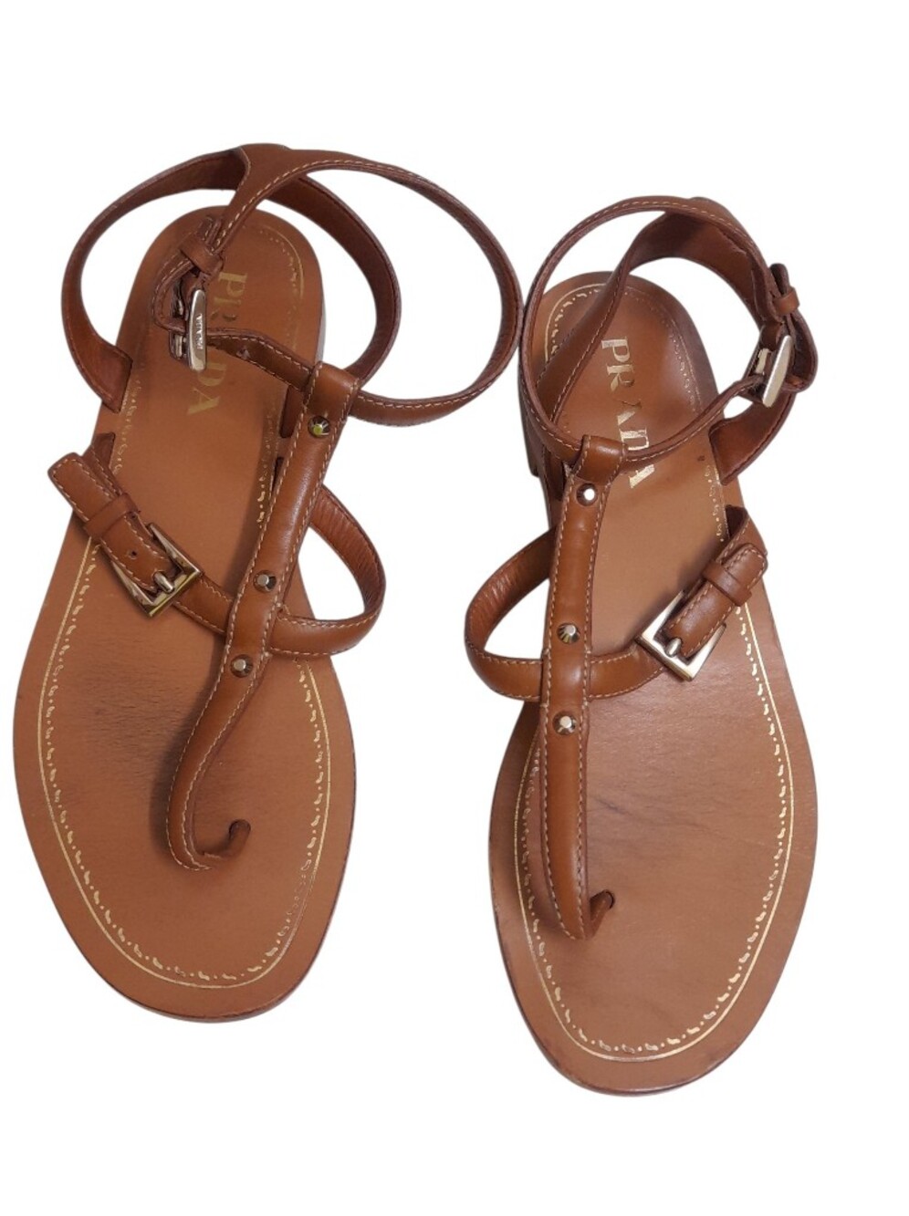 Prada Gladiator Brown Leather T Strap Sandals
